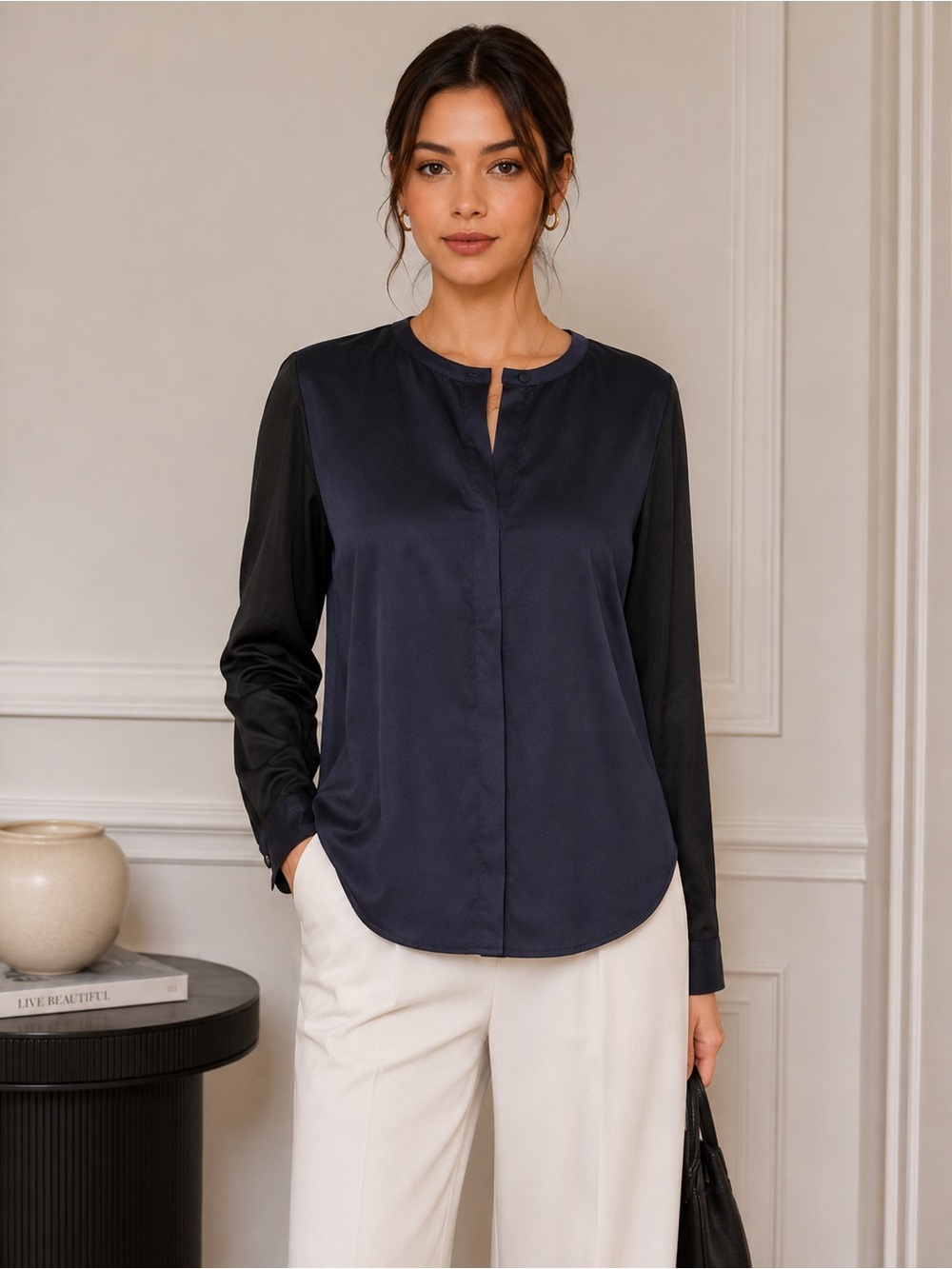 Tory Burch Meg 93% Silk Tunic Blouse Black Navy Colorblock Quiet Luxury Sz 4